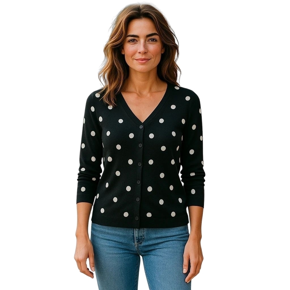 Talbots Silk Blend Black And White Dot V-Neck Cardigan - Size Small Petite